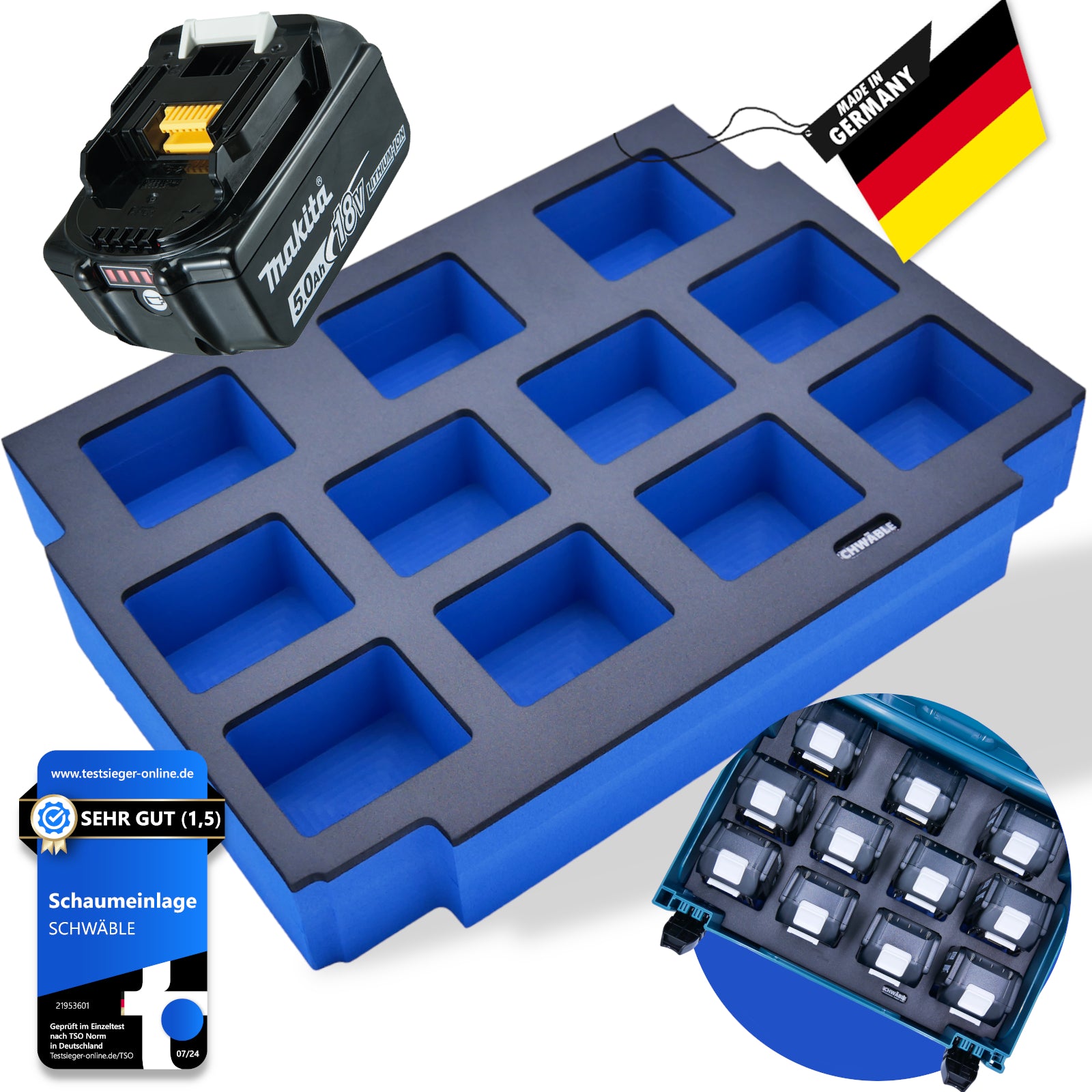 makita akku aufbewahrung SCHWÄBLE® Schaumeinlage Schaumstoffeinlage für Makita Akku Akkus 11x 3 – Schwabenschaumstoff